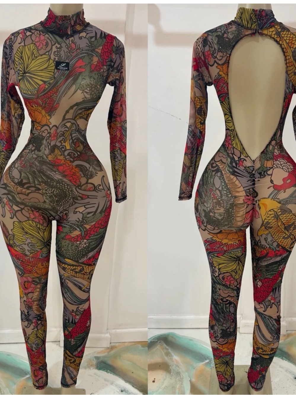 Floral Tattoo Print Sheer Long-Sleeve Jumpsuit - Red/Yellow/Green